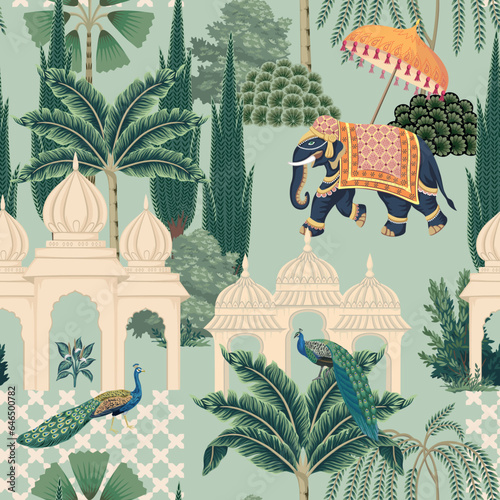 Indian pattern with elephant, palm, trees and peacocks. Vintage landscape wallpaper.