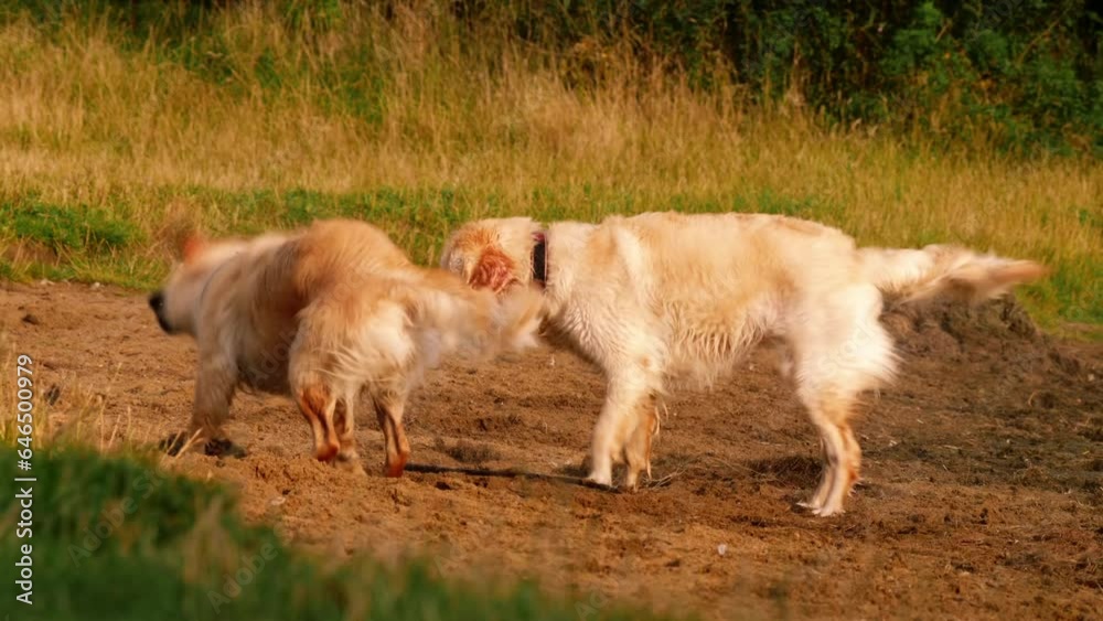 Golden Labrador Retriever dogs playing with a stick Golden Labrador Retriever dogs playing with a stick
