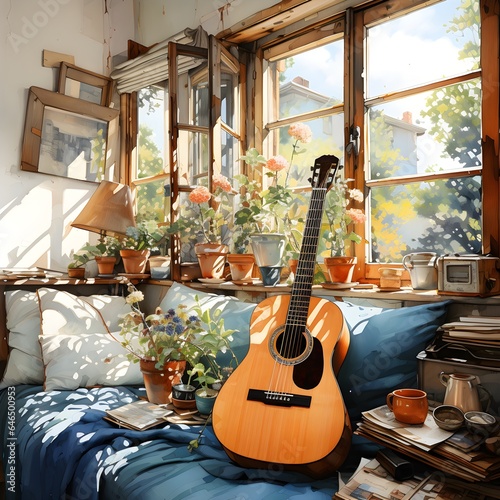 AI-generated watercolor image of a sunny cozy room with flowers, paintings, and guitar lying on a sofa