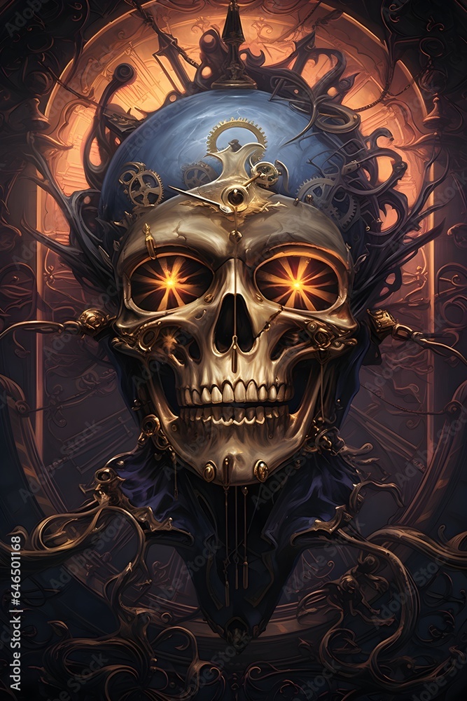 The skull of a pirate with a clock in the background, AI-generated image The skull of a pirate with a clock in the background, AI-generated image