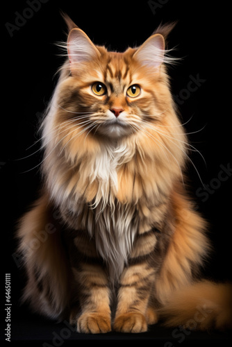 A plush long-haired Maine Coon cat with entirely rich scarlet fur and golden eyes