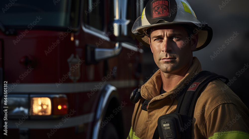 Firefighter portrait on duty. Photo of fireman near fire engine Firefighter portrait on duty. Photo of fireman near fire engine