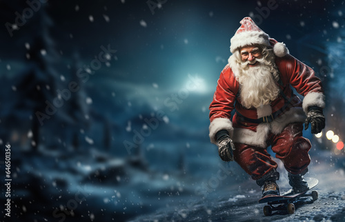 Santa Claus delivering gifts on a skateboard