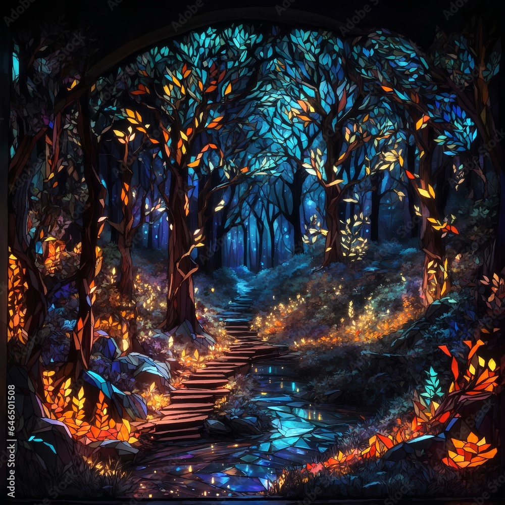 Fototapeta premium beautiful illuminated forest made of stained glass with attractive light and details 