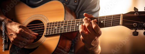 Male hands and guitar close-up. Musician playing acoustic guitar.