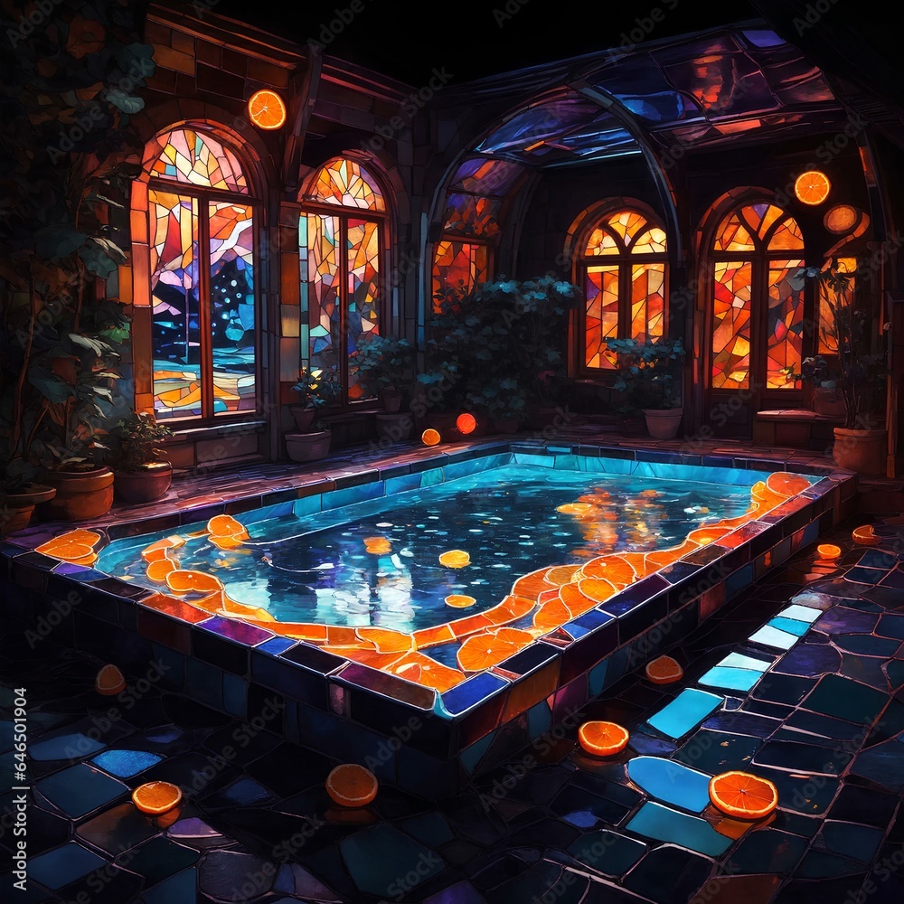 beautiful illuminated background pool made of stained glass with ...