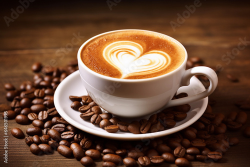 A cup of delicious cappuccino coffee with a heart pattern on milk froth on a saucer surrounded by coffee beans