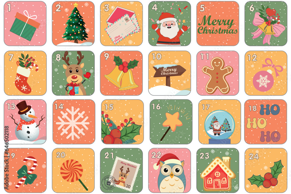 Christmas advent calendar surprise. Countdown retro cartoon style elements. Vector groovy characters. Vintage Christmas Advent Calendar. Vector illustration