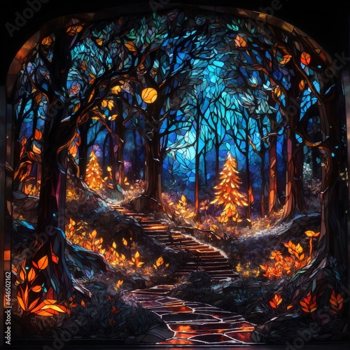 beautiful illuminated background forest made of stained glass with attractive light and details 