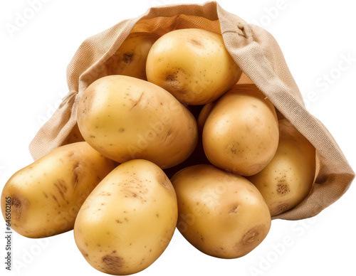Group Raw Fresh and whole potatoes in bag, organic, PNG, Transparent, isolate.