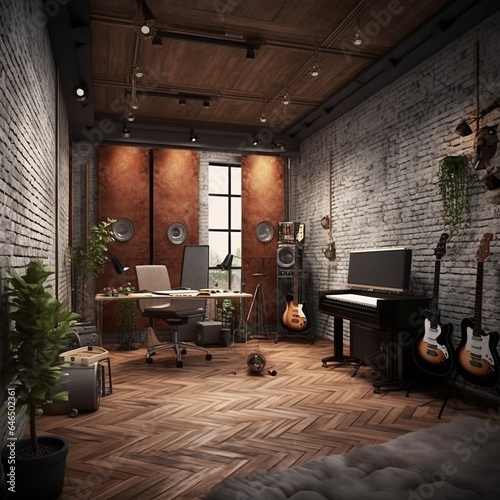 Empty wooden music recording studio with guitar and music equipment. AI generated photo