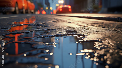 asphalt road with puddles road reflecting puddles seen close up