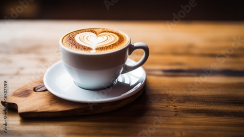Close up white coffee cup with heart shape latte art on wood tab  16 9  copy space
