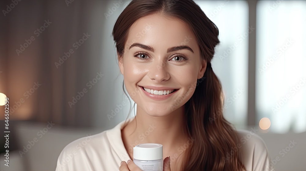 Beautiful woman smile use cream for good skin. face of a healthy woman apply cream and makeup. Advertisement for skin cream, anti-wrinkle, baby face, whitening, moisturizer, tighten pores Beautiful woman smile use cream for good skin. face of a healthy woman apply cream and makeup. Advertisement for skin cream, anti-wrinkle, baby face, whitening, moisturizer, tighten pores