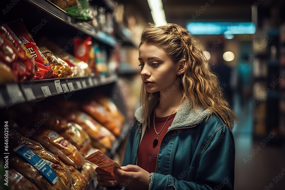 Smart Shopper: Young Woman in Grocery Store Makes Informed Choices to Stay Within Her Budget. created with Generative AI