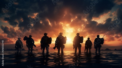 military soldier silhouettes against the american flag, 16:9, copy space