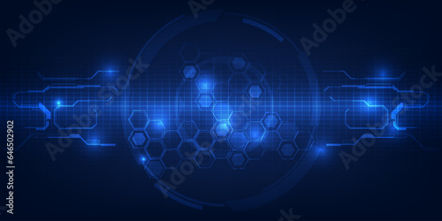 Vector illustration of horizontal digital high tech space with futuristic circle,hexagon network and grid line circuit.Futuristic digital communication technology concepts. 