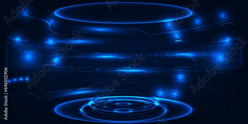 Vector illustrations of Virtual digital futuristic glowing neon stage with digital element around and curve empty screen for advertising and game artwork.Future technology and innovation concepts.