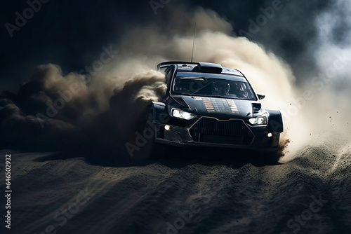 Rally racing car riding on desert sand dirt track at night.