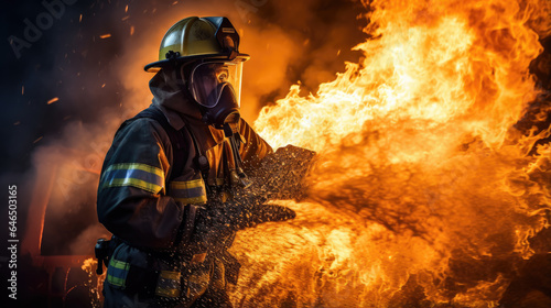 Portrait of a firefighter in equipment. Firemen using water from hose for fire fighting.