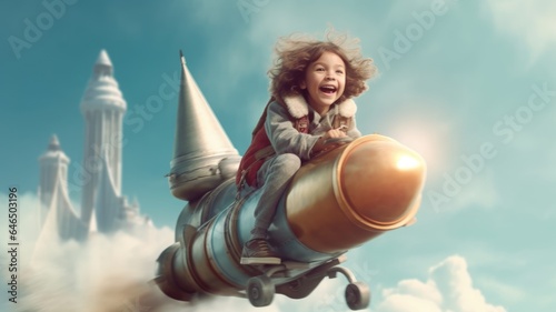 A Girl, excited, flying the rocket above clouds in the sky. Generative AI image weber. © Summit Art Creations