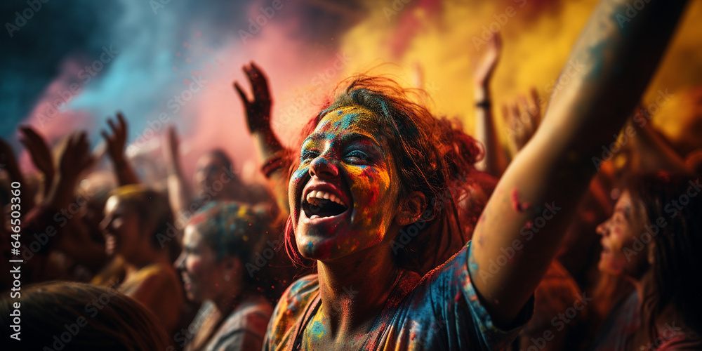 Viele Menschen feiern Patry auf dem Festival mit Händen hoch und bunten Holifarben im Querformat für Banner, ai generativ Viele Menschen feiern Patry auf dem Festival mit Händen hoch und bunten Holifarben im Querformat für Banner, ai generativ