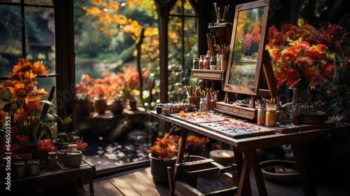 artist's easel in the studio, set among the autumn foliage.. Brushes and a palette lie on a wooden table, inviting you to create among the masterpieces of nature.