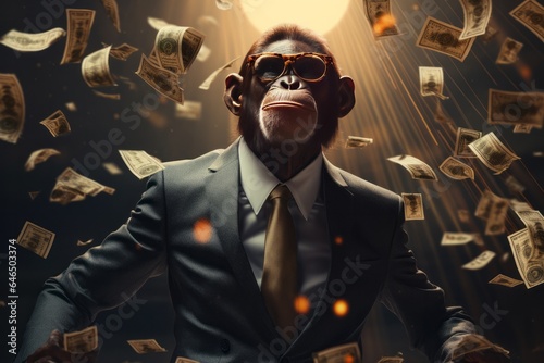 Tablou canvas Chimpanzee in modern suit with sunglasses, cash money is flying