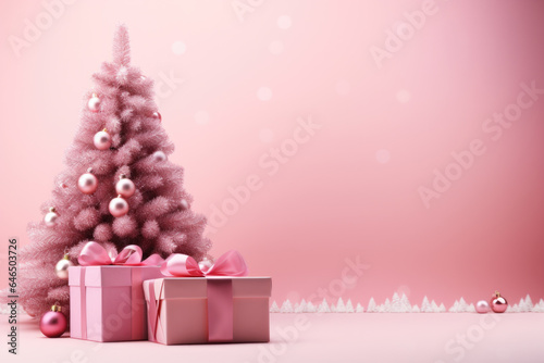 Pink Christmas Background with Trees and Presents - Festive Design, Generative AI