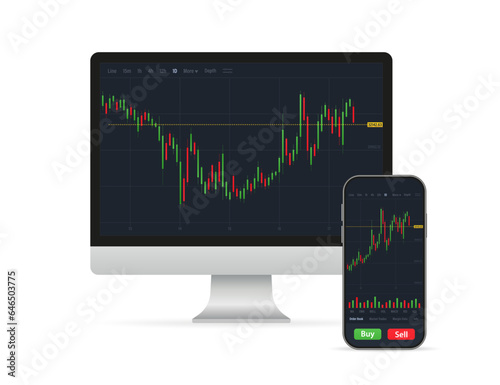 Trading candlestick chart on electronic devices. Stock market chart, analysis interface, UX on smartphone, desktop. Forex market. Binary options. Trading application screen. Vector illustration
