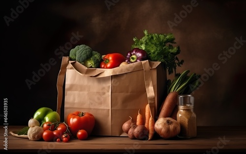 Supermarket. Paper bag full of healthy food. AI, Generative AI
