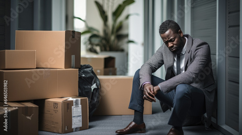 Dismissed man sits among cardboard boxes of his belongings. Depressed man in the process of moving. © MP Studio