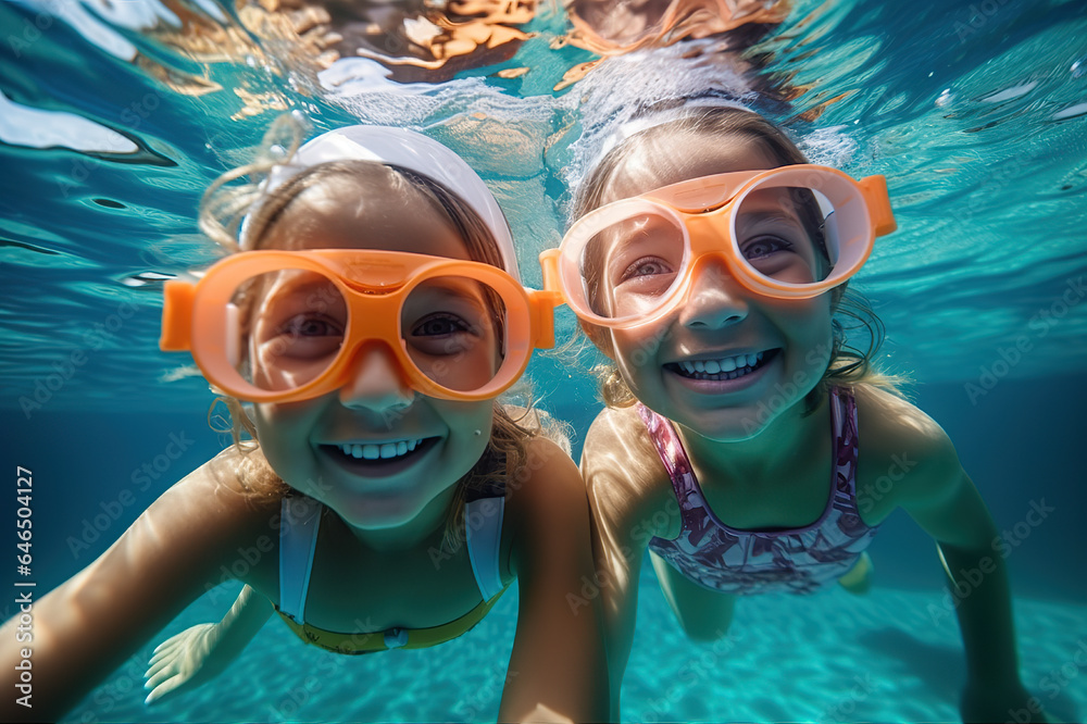Naklejka premium Two Young Children Wearing Swim Goggles Delight in Carefree Summer Fun, Creating Cherished Childhood Memories. created with Generative AI