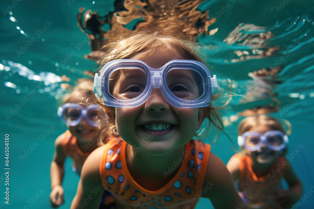 Two Young Children Wearing Swim Goggles Delight in Carefree Summer Fun, Creating Cherished Childhood Memories. created with Generative AI