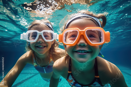 Two Young Children Wearing Swim Goggles Delight in Carefree Summer Fun, Creating Cherished Childhood Memories. created with Generative AI