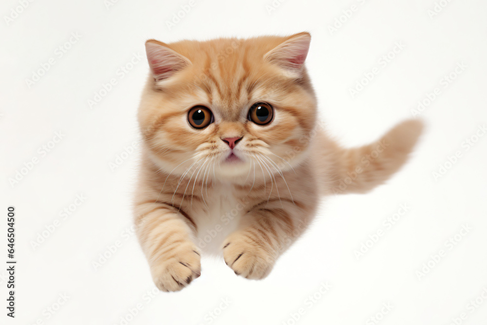Adorable Munchkin cat with ginger fur jumping towards the camera Adorable Munchkin cat with ginger fur jumping towards the camera