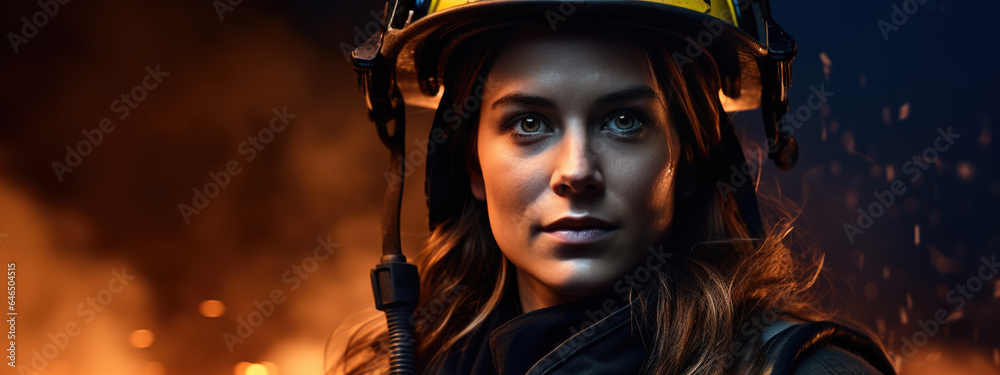Portrait of a female firefighter in equipment against the background of a fire