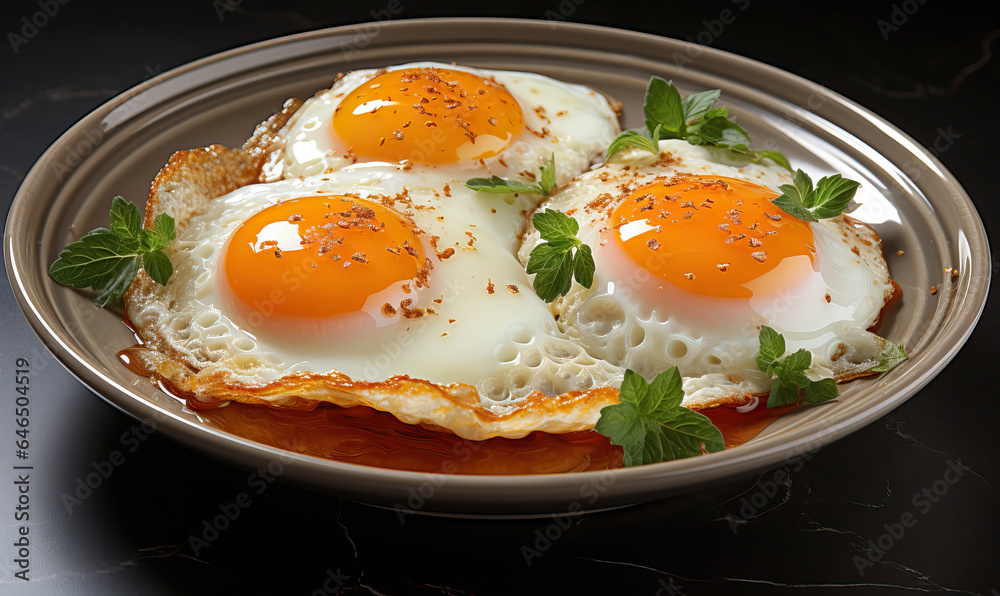 Dish with fried eggs on a blurred background. Dish with fried eggs on a blurred background.