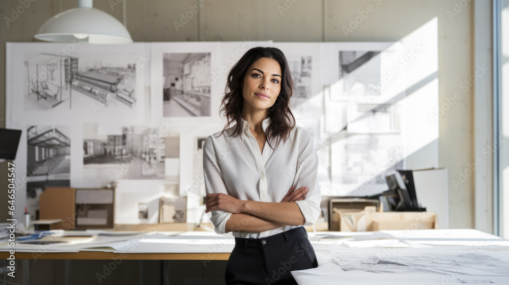 Female architect stands in an office in front of a desk with various architectural projects Female architect stands in an office in front of a desk with various architectural projects