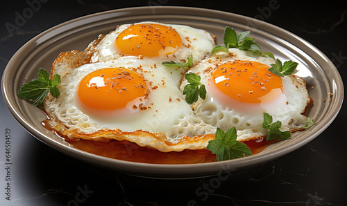 Dish with fried eggs on a blurred background.