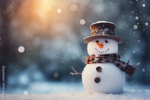 Christmas Theme Background with Cute Snowman at Sunrise/Sunset, Generative AI