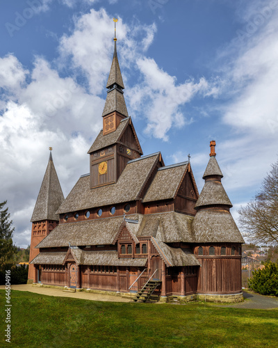 The Lutheran Gustav Adolf Stave Church, situated in Hahnenklee, a borough of Goslar in the Harz mountains, Germany, Europe
