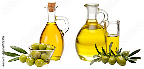Set of olive oil in glass, isolated on transparent background