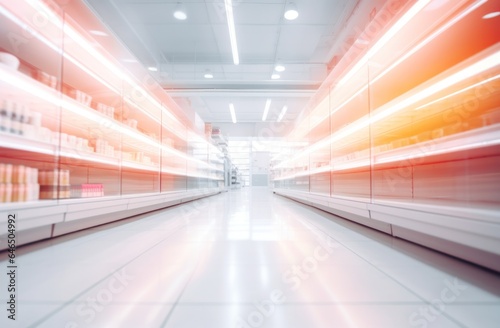 Blurred background in the main aisle of supermarket
