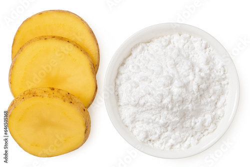 Canvastavla Potato starch in a white ceramic bowl next to slices of raw potato with skin isolated on white from above