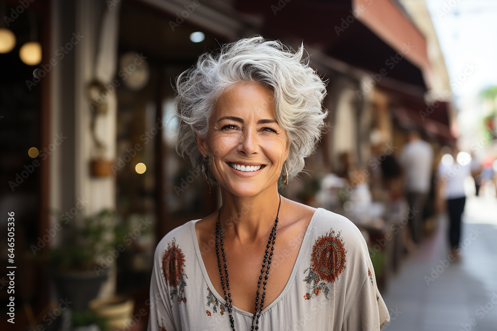 portrait of a beautiful elderly woman with white gray hair against the background of a restaurant in the city, smiling - obrazy, fototapety, plakaty 