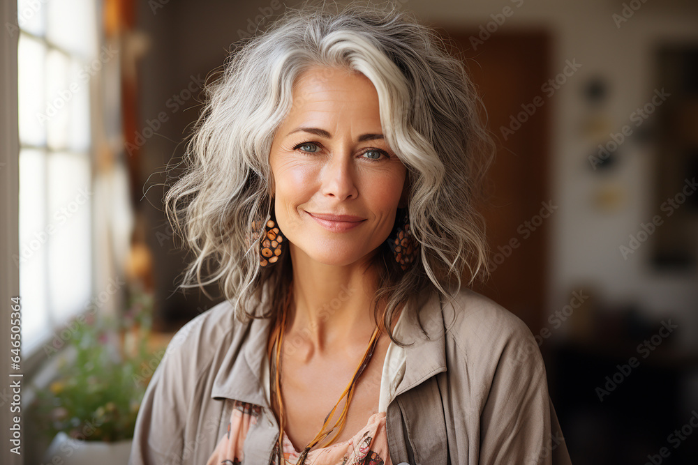 portrait of a beautiful adult woman with curly gray hair in an apartment interior
