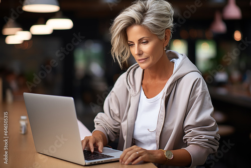 elderly beautiful woman with gray white hair and glasses sitting at a laptop in a office in a hoodie photo
