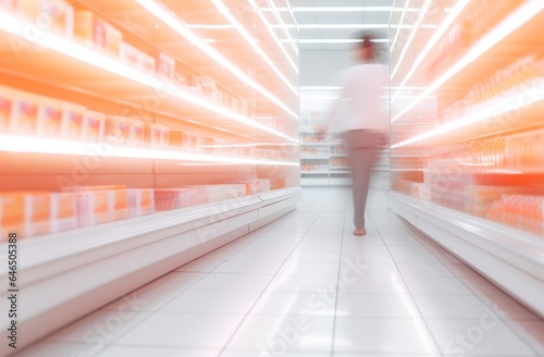 Blurred background in the main aisle of supermarket