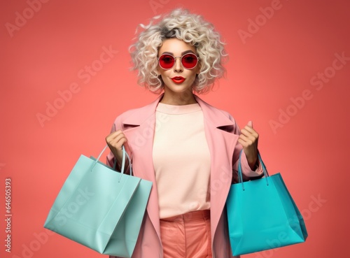Beaitufil girl with shopping bag against vivid background